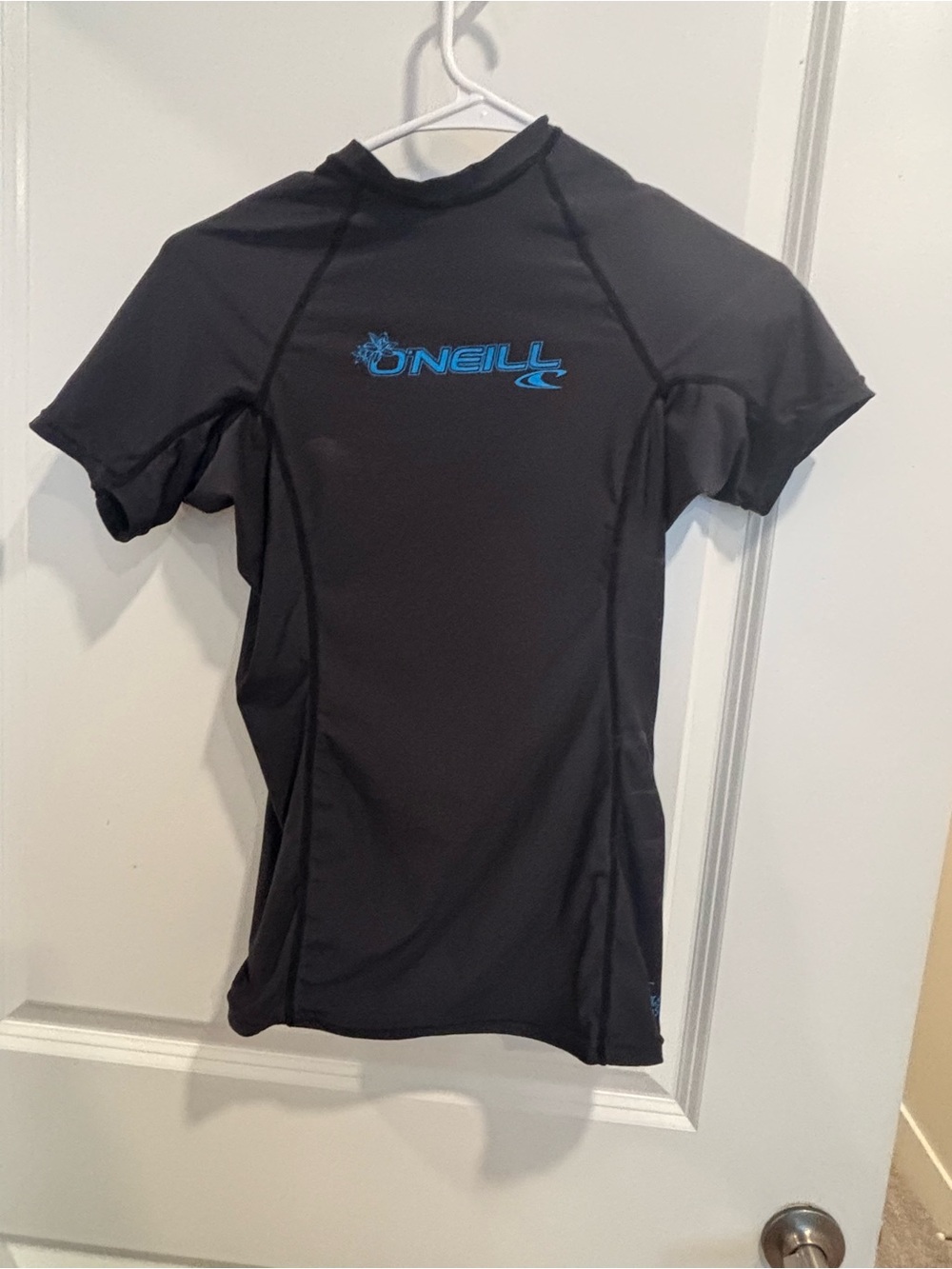 O'Neill Men's Black Short Sleeve Rash Guard with Blue Logo Accent